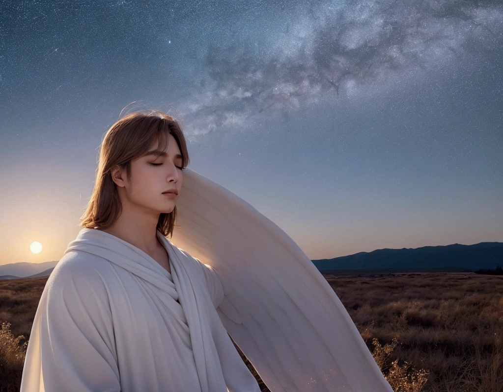 Create a relaxing, serene image that evokes peace and tranquility. The image should show an angelic figure of Michael the Archangel Man in soft tones, well-defined and strong man's face, surrounded by a bright, protective light. No fundo, place a starry night sky with a full moon. Use soft colors and calming tones to convey a feeling of deep relaxation.
