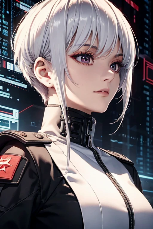 Close-up, military uniform, cyberpunk, Young woman, shoulder length white hair, Red eyes, Hacker