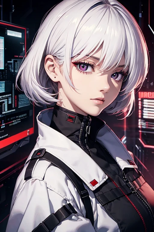Close-up, military uniform, cyberpunk, Young woman, shoulder length white hair, Red eyes, Hacker