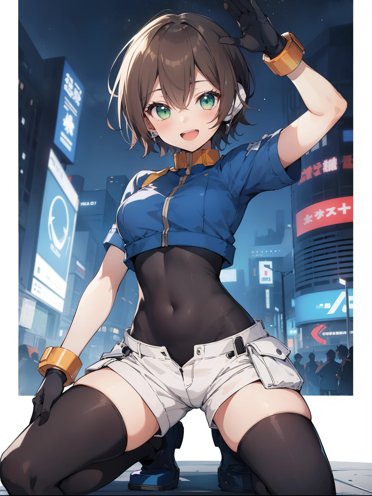 aile_megamanzx, kneeling with one hand on the ground and the other arm raised, 1girl, solo, short hair, brown hair, short sleeves, (bodysuit), robot ears, green eyes, short_shorts, short sleeves, short over long sleeves, smile, in futuristic city, , high quality, medium_breasts,crotch,open_mouth