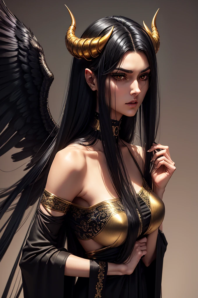 a tall woman with lustrous jet-black hair and the face of a goddess. She has golden irises and vertically split pupils; on her left and right temples are two thick horns protruding crookedly, and on her waist are a pair of black angel wings.