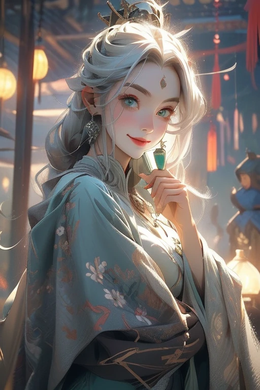 Perfect face. Perfect hands. A young silver haired woman with green eyes and an hourglass figure is smiling while drinking tea in the shrine