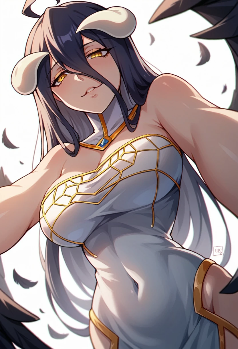 1girl, albedo (overlord), dramatic lighting, white background, chromatic aberration, upper body focus, dongtan dress, bodycon, covered navel, Bare shoulders, strapless dress, Bare arms, half-closed eyes, from below, pov view, outstretched arms, Crawling on person, incoming kiss 