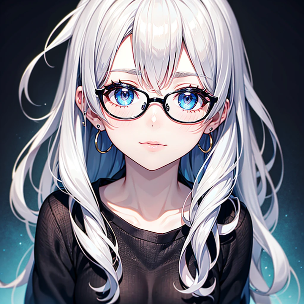 An albino woman, WHITE AND WAVY HAIR, grey-blue eyes, thin white eyebrow, thin lips, pale skin, white eyelashes, wearing a gray sweater, thin black frame glasses, small silver hoop earring on left ear, right ear piercing.