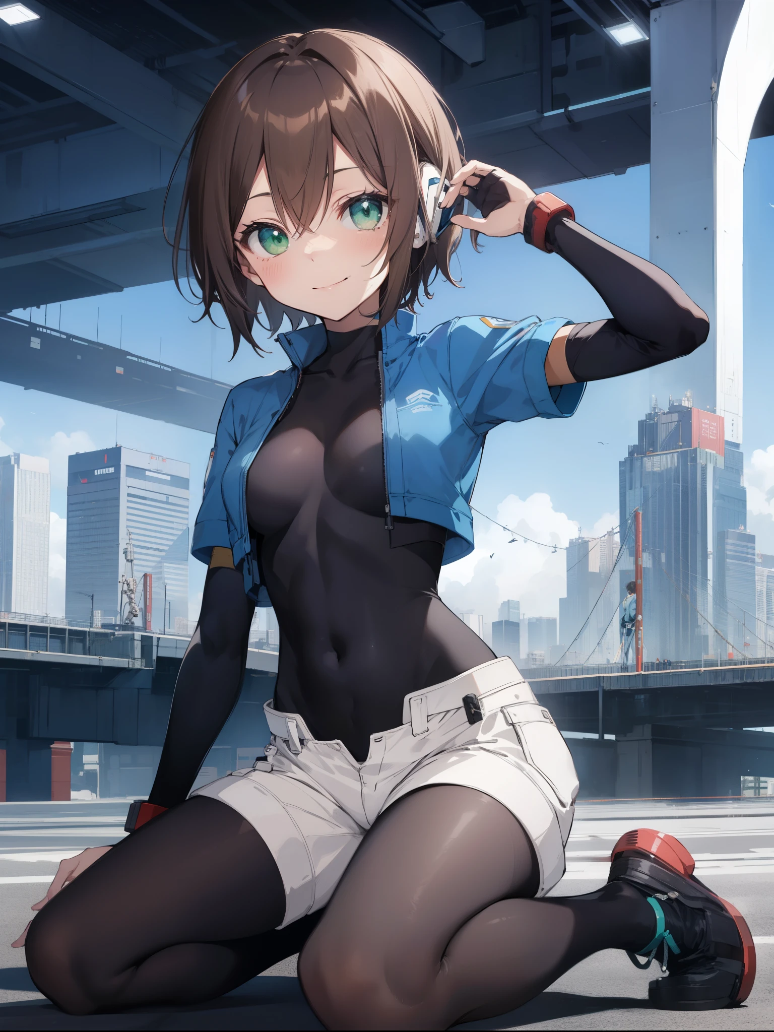 aile_megamanzx, kneeling with one hand on the ground and the other arm raised, 1girl, solo, short hair, brown hair, short sleeves, (bodysuit), robot ears, green eyes, short_shorts, short sleeves, short over long sleeves, smile, in futuristic city, , high quality, medium_breasts,crotch, slouch