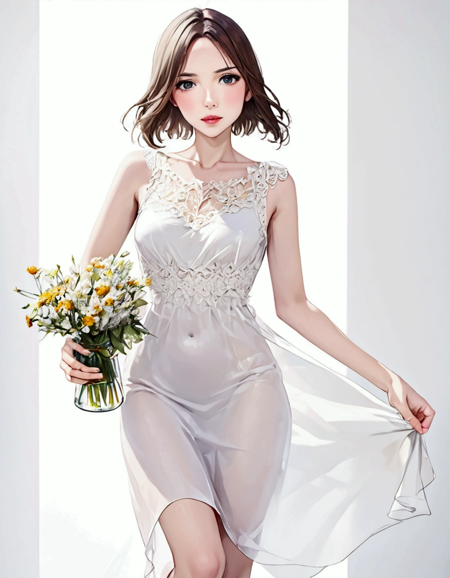 A lovely woman (simple sheer dress, joyous expression, pure love), posing near a flower vase, plain white room backdrop, well lit
(style:artistic watercolor painting)