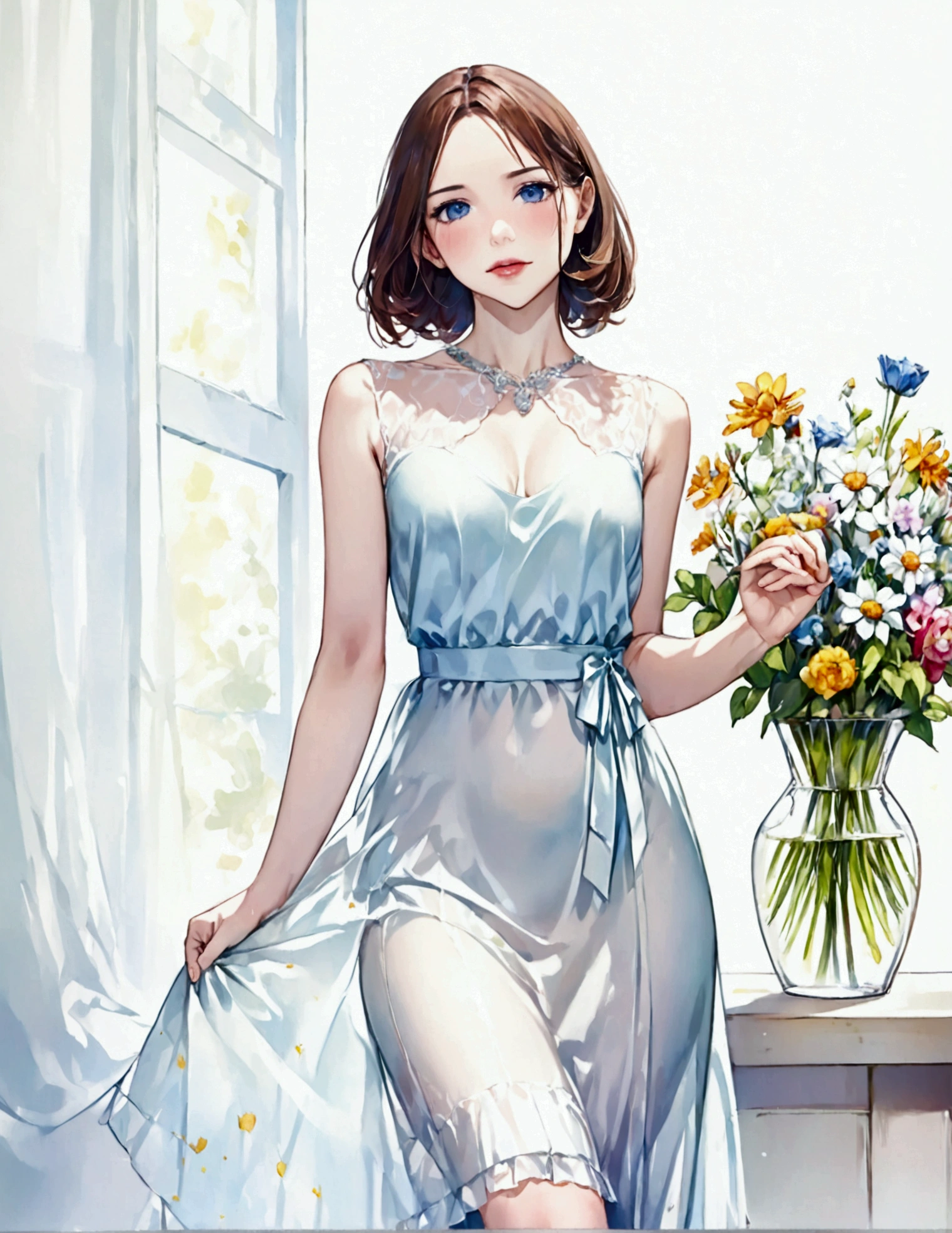 A lovely woman (simple sheer dress, joyous expression, pure love), posing near a flower vase, plain white room backdrop, well lit (style:artistic watercolor painting)
