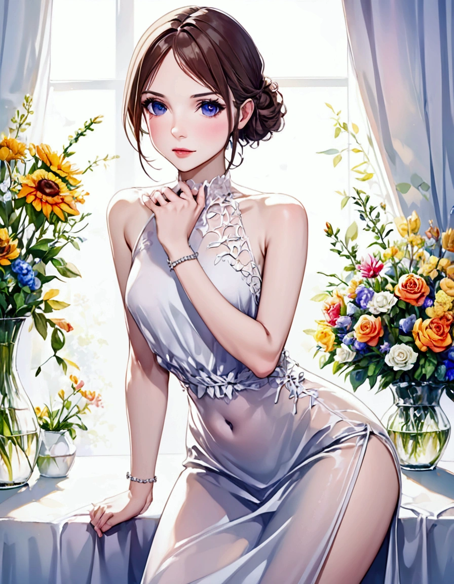 A lovely woman (simple sheer dress, joyous expression, pure love), posing near a flower vase, plain white room backdrop, well lit (style:artistic watercolor painting)
