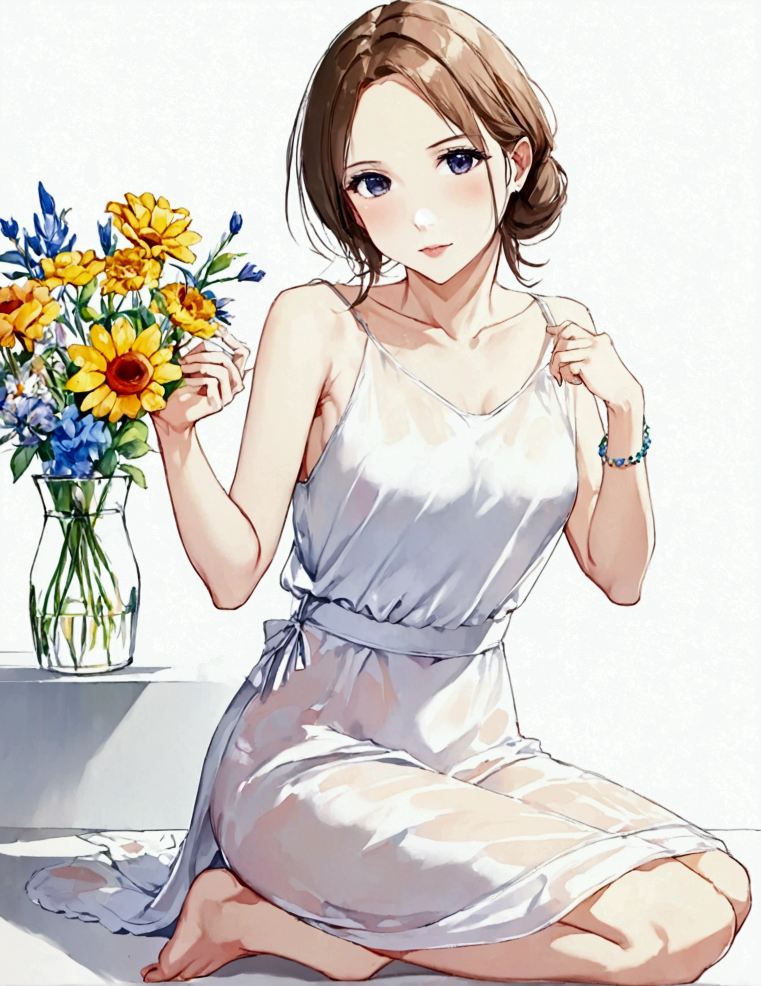 A lovely woman (simple sheer dress, joyous expression, pure love), posing near a flower vase, plain white room backdrop, well lit (style:artistic watercolor painting)
