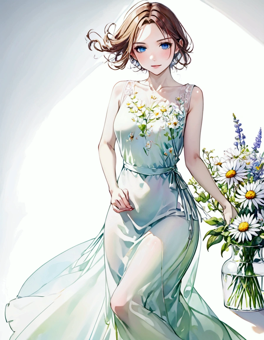 A lovely woman (simple sheer dress, joyous expression, pure love), posing near a flower vase, plain white room backdrop, well lit (style:artistic watercolor painting)