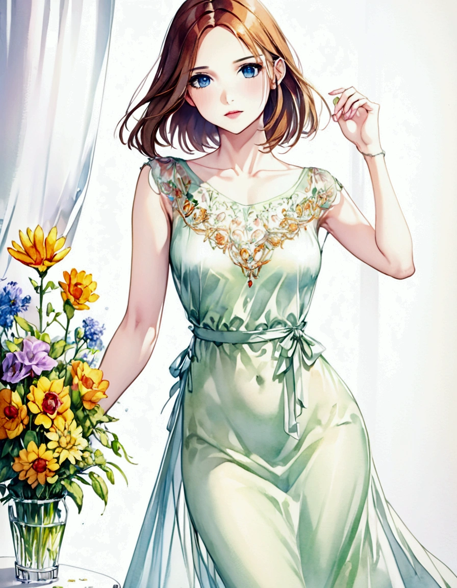 A lovely woman (simple sheer dress, joyous expression, pure love), posing near a flower vase, plain white room backdrop, well lit (style:artistic watercolor painting)
