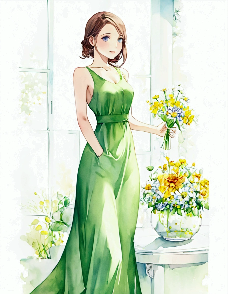 A lovely woman (simple sheer dress, joyous expression, pure love), posing near a flower vase, plain white room backdrop, well lit (style:artistic watercolor painting)