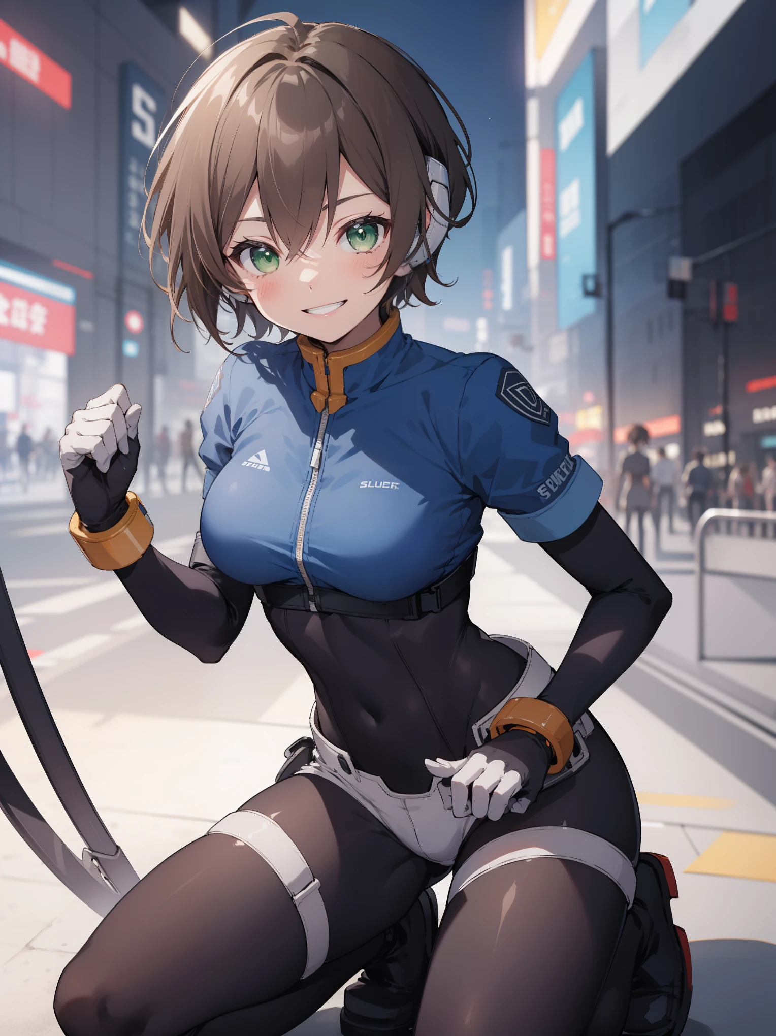 aile_megamanzx, kneeling with one hand on the ground and the other arm raised, 1girl, solo, short hair, brown hair, short sleeves, (bodysuit), robot ears, green eyes, short_shorts, short sleeves, short over long sleeves, smile, in futuristic_city_landscape, , high quality, medium_breasts,crotch, slouch,(covered_nipples:0.6), laugh,smile