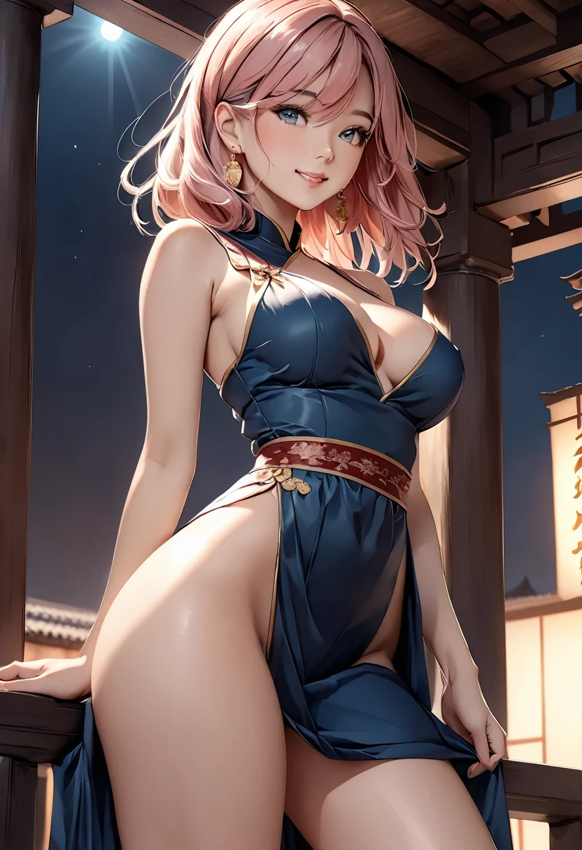 a beautiful young woman, 25 years old, wearing traditional Chinese clothing, standing in an old temple, her medium-length hair flowing, pink hair, her eyes rendered in an anime style, happy, her medium-sized breasts accentuated,, (best quality, masterpiece, 4k, ultra-detailed), intricate details, dramatic lighting, cool angle, simple background, temple
