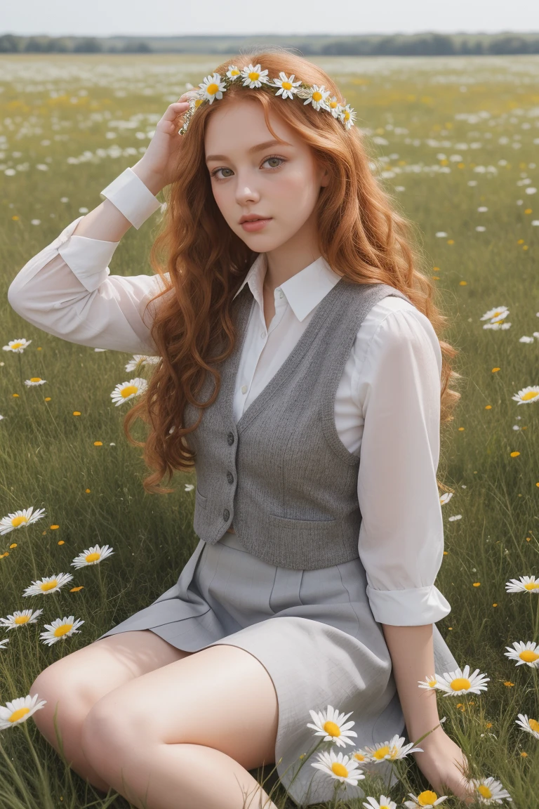 (girl:1.2),alone, (long ginger curly hair:1.1), brown eyes, Wearing a daisy wreath on your head, sitting in a field of daisies, Grey skirt, gray vest over white shirt,raw,of the photo,photo shadow,In fact,does not make sense,aesthetic,elegant, with bird wings
