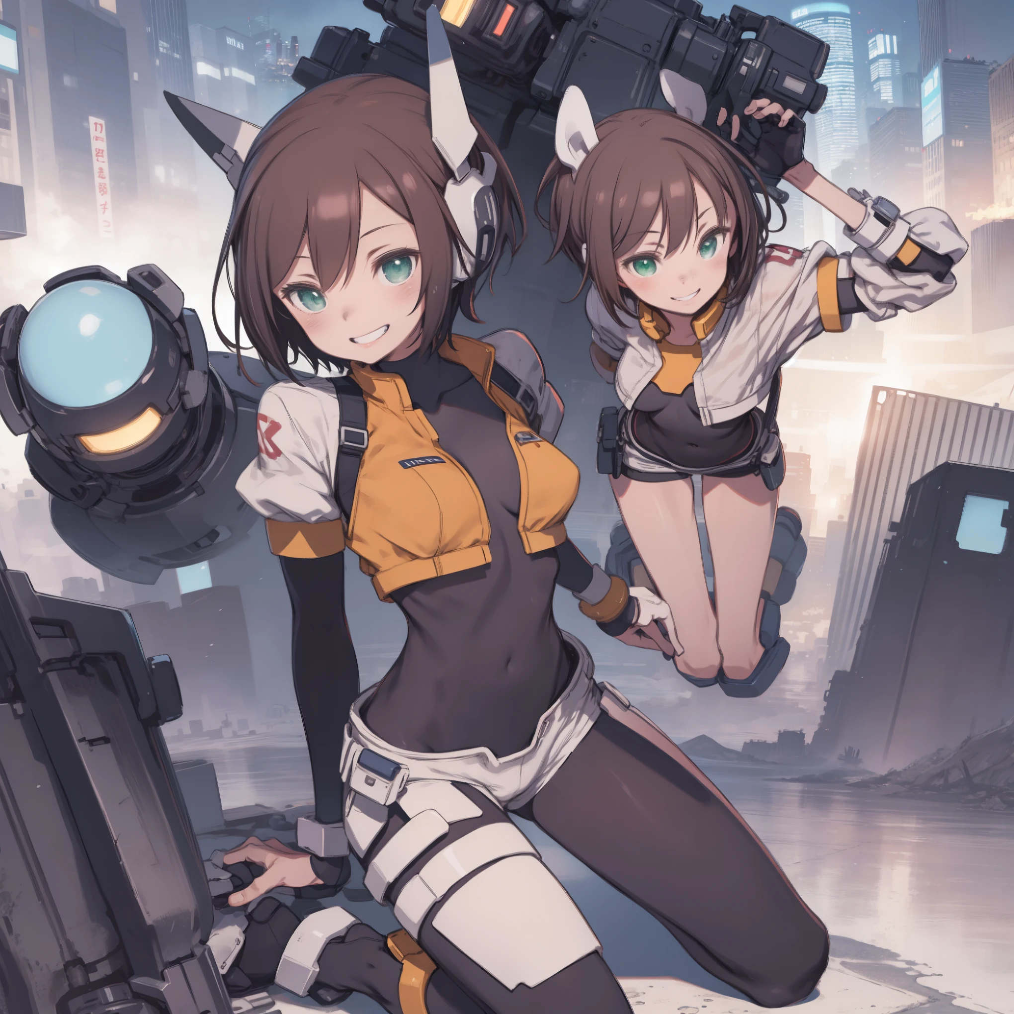 aile_megamanzx, kneeling with one hand on the ground and the other arm raised, 1girl, solo, short hair, brown hair, short sleeves, (bodysuit), robot ears, green eyes, short_shorts, short sleeves, short over long sleeves, smile, in futuristic_city_landscape, , high quality, medium_breasts,crotch, slouch,(covered_nipples:0.6), laugh,smile