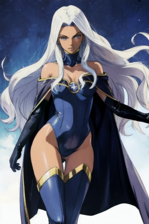 cape, thigh highs, gloves, Ororo, bodysuit, strapless, exposed shoulders, long hair