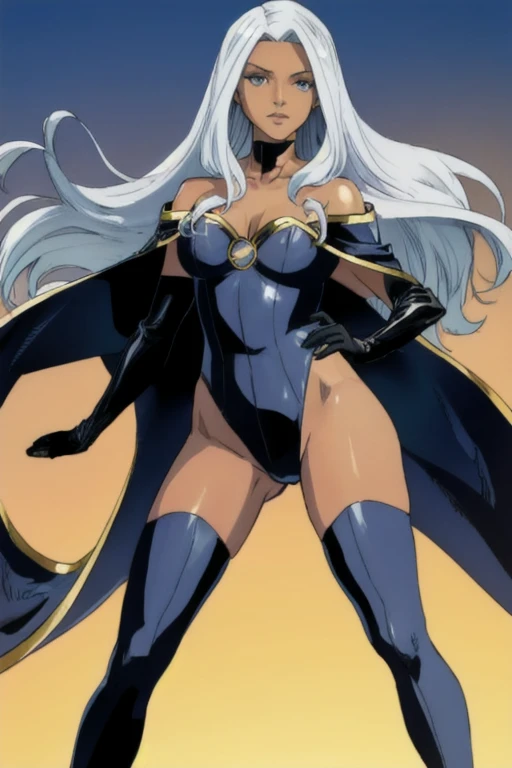 cape, thigh highs, gloves, Ororo, bodysuit, strapless, exposed shoulders, long hair