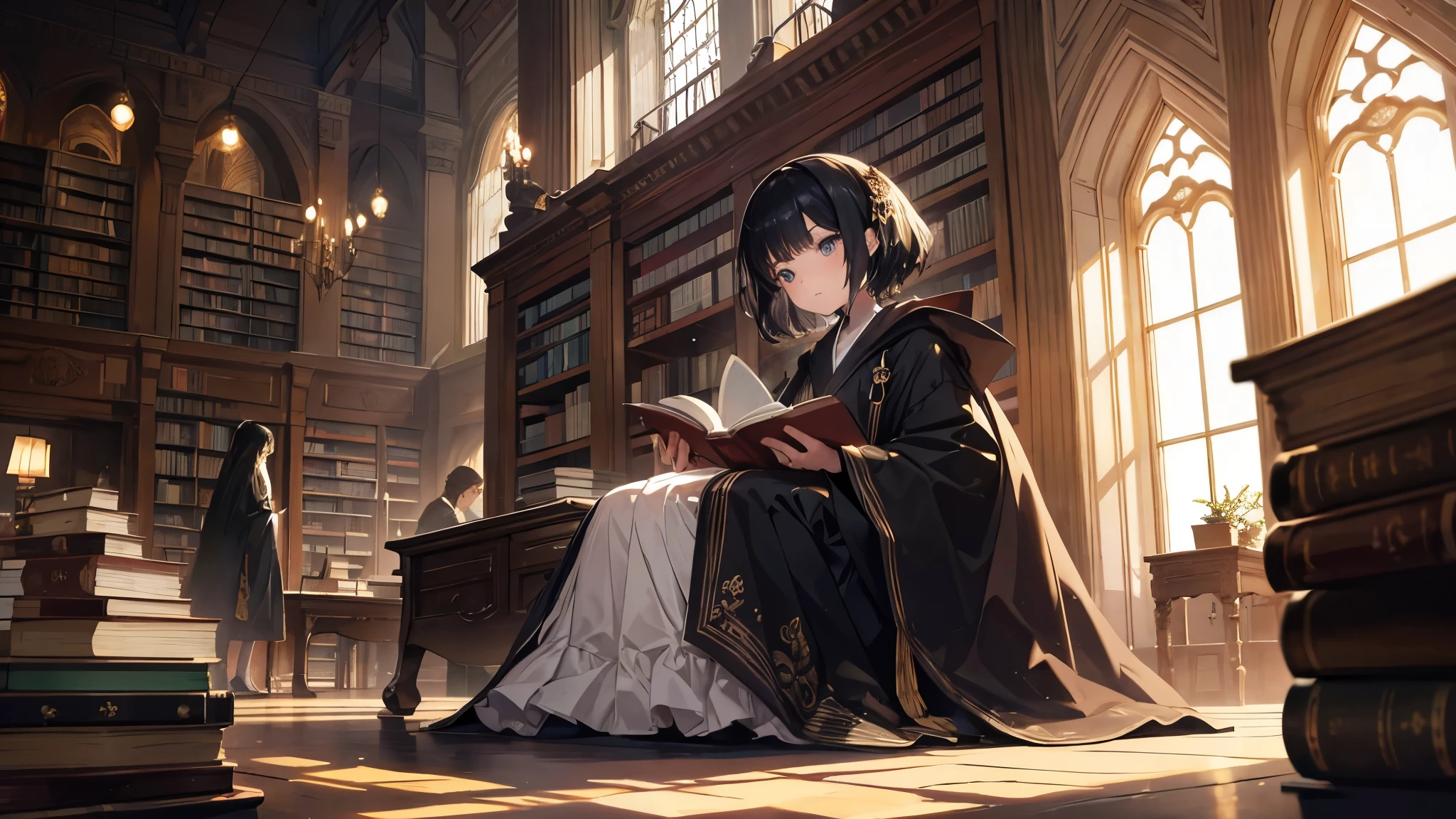 A highly detailed, cartoon-like scene depicting a young girl in a large library. The girl has short black hair and is clad in a robe. She is reaching out to pick up a book. A curious cat sits at her feet, watching her closely. The library is filled with old books, stored in large bookshelves, and warm sunlight shines through the large windows, casting a mysterious glow. The background is detailed and focused on the witch's concentrated expression.