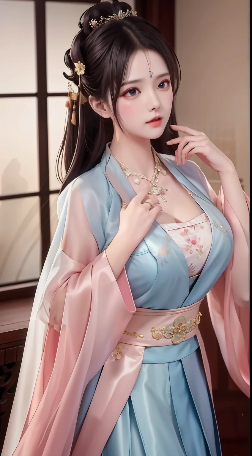 best quality, masterpiece, highres, 1girl,china dress,hair ornament,necklace, jewelry,Beautiful face,upon_body, tyndall effect,photorealistic, dark studio, rim lighting, two tone lighting,(high detailed skin:1.2), 8k uhd, dslr, soft lighting, high quality, volumetric lighting, candid, Photograph, high resolution, 4k, 8k, Bokeh, Wet-breasted Hanfu open V-chested clothes, All pictures, Wet body of thin silk fabric, Thin silk lace petticoat,princess  yeald old cute, (huge ，cleavage),petticoat, white pink, blue ，best qualtiy，tmasterpiece，Ultra-high resolution，（Reality：1.4），RAW photogr，（True skin texture：1.3），（filmgrain：1.3），（Selfie angle），1个Giant Breast Girl，Beautiful eye and face details，tmasterpiece，Best quality at best，exposing thighs，Bigchest，The chest is more exposed, pattern on fabric