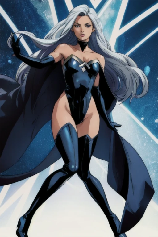 X men, storm, 1girl, solo, cape, thigh highs boots, gloves, Ororo, bodysuit, strapless, exposed shoulders, long hair