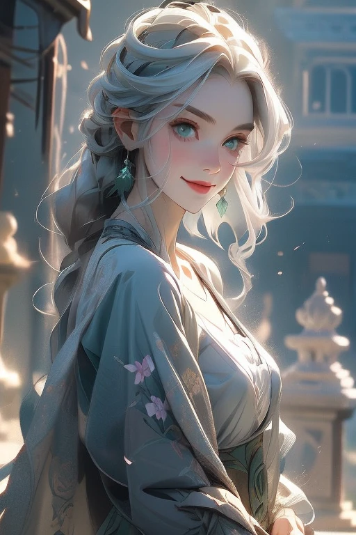Perfect face. Perfect hands. A young silver haired woman with green eyes and an hourglass figure is smiling while exploring a cemetery