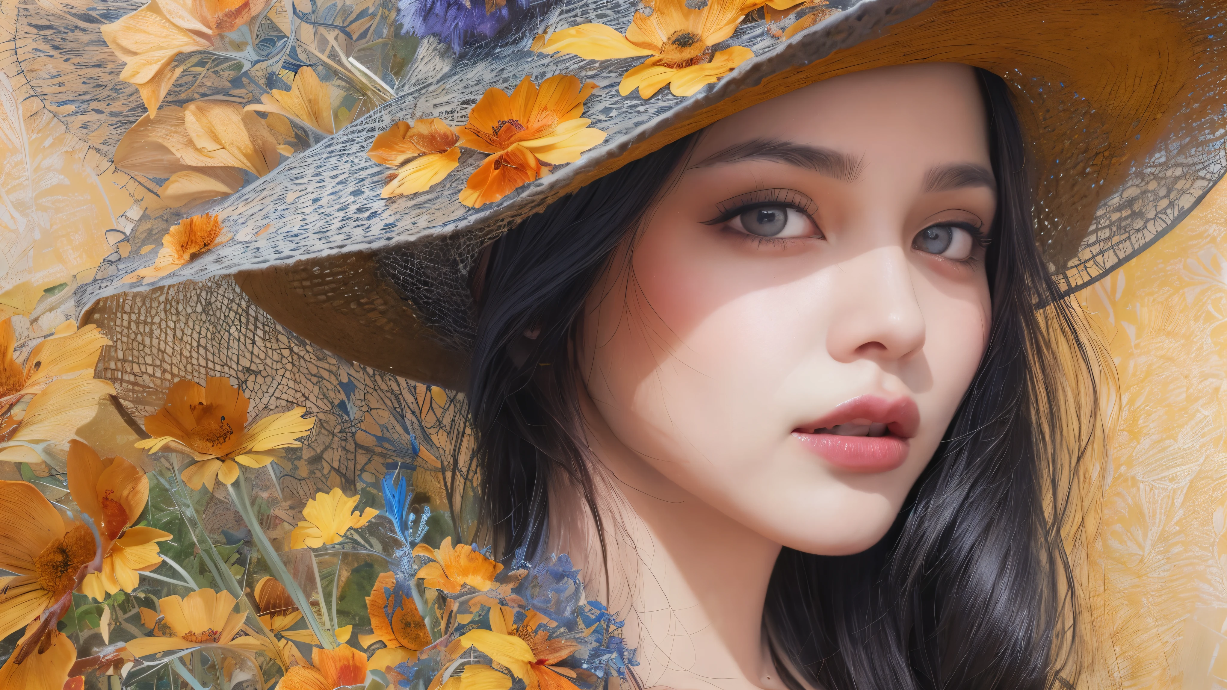 On a sketchbook page with subtle blue lines, a captivating and enigmatic woman gazes at the viewer with a gentle smile. Her long, dark hair cascades elegantly over her shoulders. She wears a black hat adorned with vibrant red, yellow, and purple flowers, creating a striking contrast against the white background of the paper.
This artwork, a masterpiece of pencil painting, draws inspiration from the hyper-realistic and detailed style of Diego Koi, the renowned Italian artist. The composition emphasizes meticulous shading, intricate textures, and a harmonious blend of colors, bringing the subject to life with an impressive depth and realism.