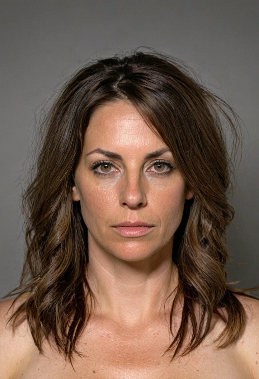 (1 women),D-cups , (realistic, photo-realistic) naked, milf, A 26-year-old police woman with her hair down, mugshot