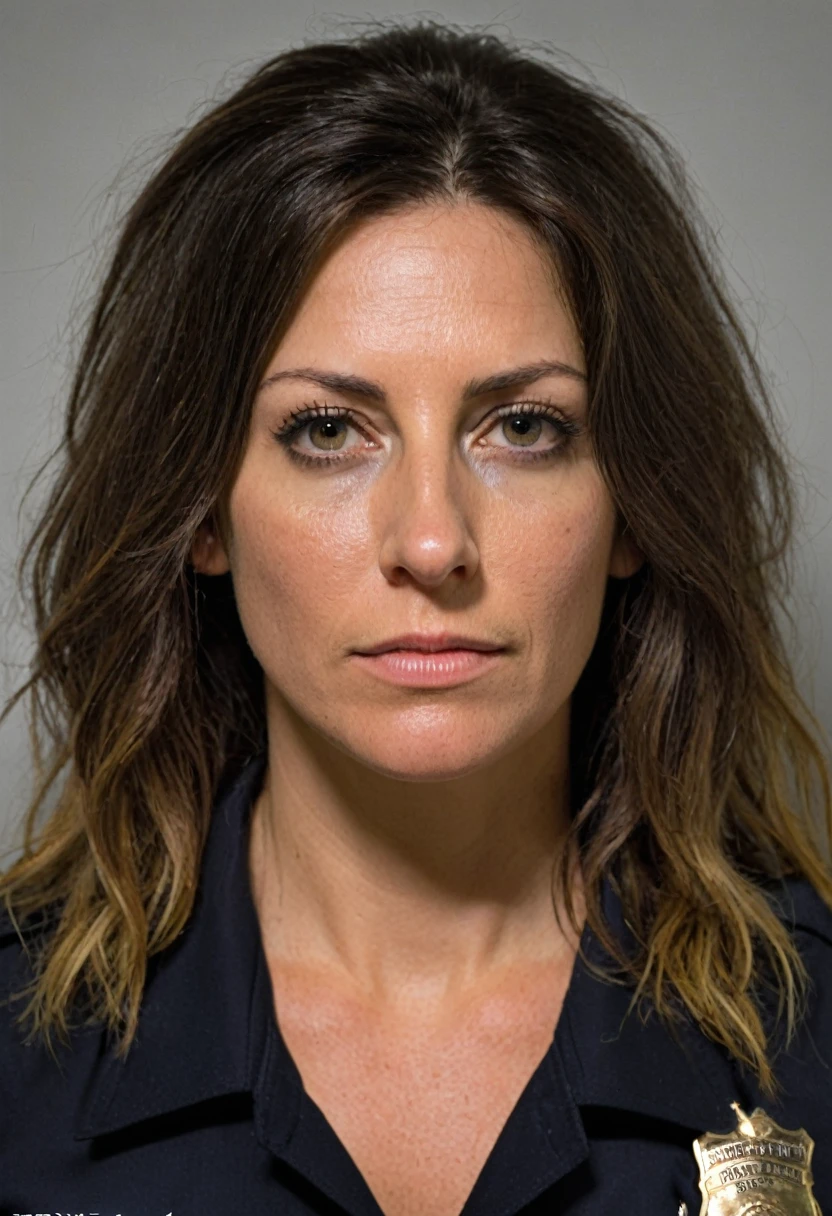 (1 women),D-cups , (realistic, photo-realistic) naked, milf, A 26-year-old police woman with her hair down, mugshot