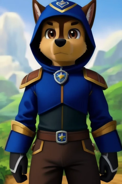 detailed fluffy fur texture, impasto impressionism, detailed eyes, highly detailed pupils, solo, furry, anthro, chase-pp, male, brown eyes, brown fur, light brown body, fur body, fully clothed, wide hips, inner fluff ears, front view, grumpy expression, blue fantasy ranger outfit, armor, dungeons and dragons, hood, crossbow in right hand, anime style, masterpiece, beautiful