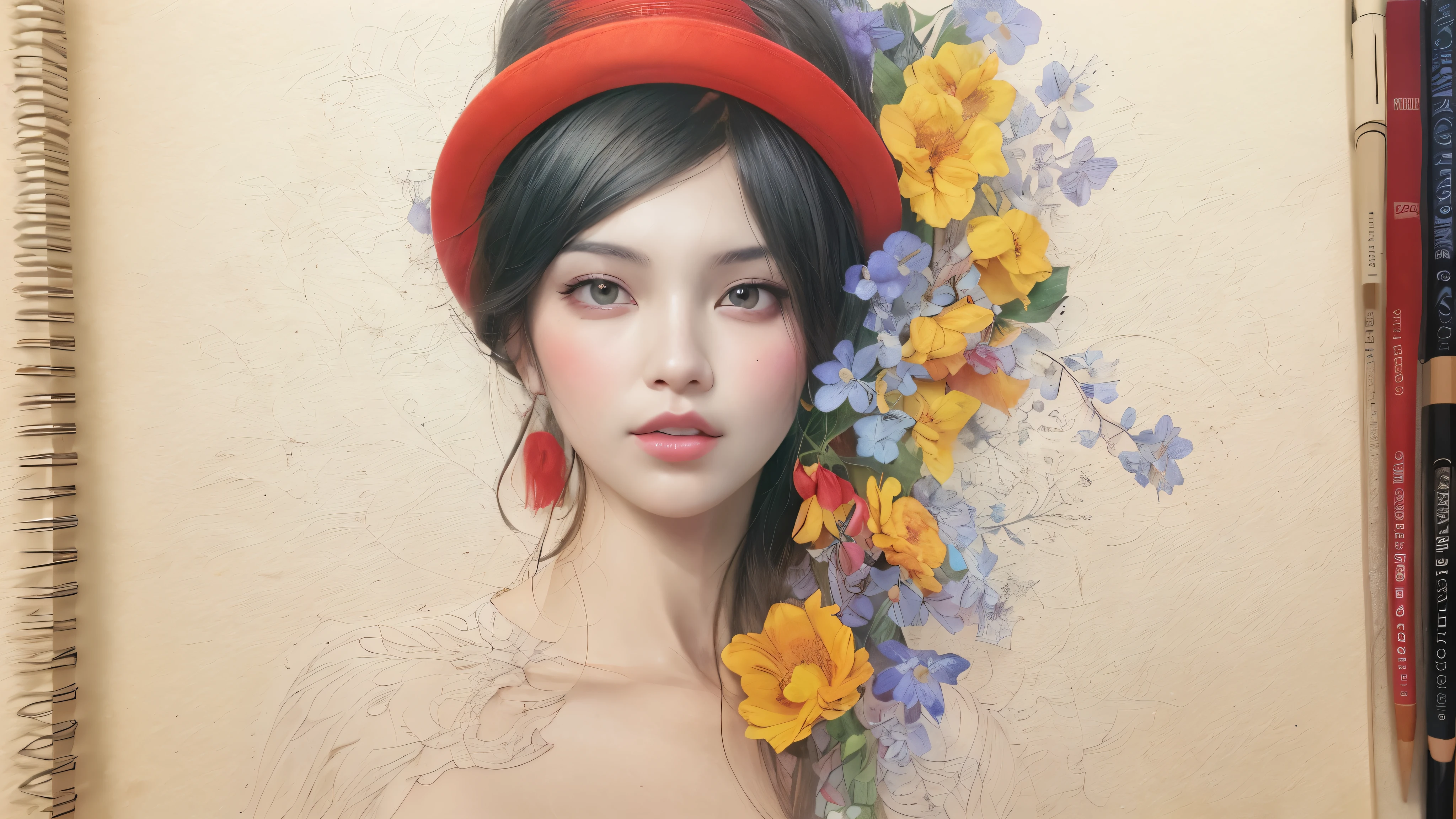 On a sketchbook page with subtle blue lines, a captivating and enigmatic woman gazes at the viewer with a gentle smile. Her long, dark hair cascades elegantly over her shoulders. She wears a black hat adorned with vibrant red, yellow, and purple flowers, creating a striking contrast against the white background of the paper.
This artwork, a masterpiece of pencil painting, draws inspiration from the hyper-realistic and detailed style of Diego Koi, the renowned Italian artist. The composition emphasizes meticulous shading, intricate textures, and a harmonious blend of colors, bringing the subject to life with an impressive depth and realism.