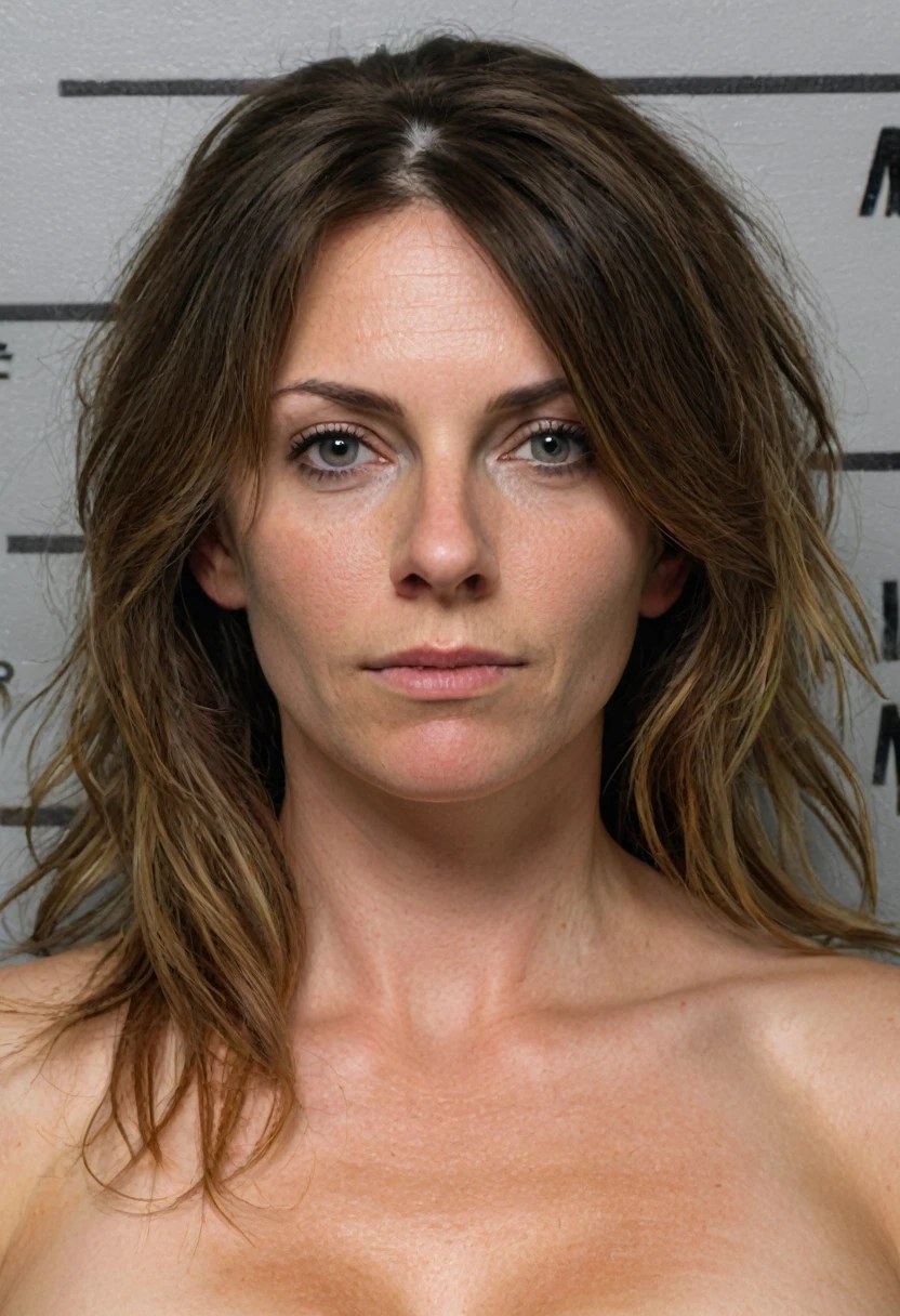 (1 women),D-cups , (realistic, photo-realistic) naked, milf, A 26-year-old police woman with her hair down, mugshot
