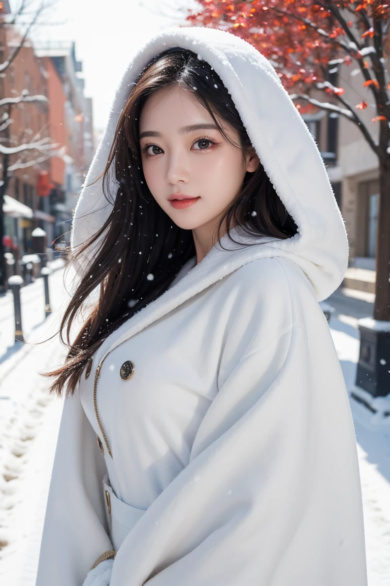 ((best qualtiy, 8K, tmasterpiece:1.3)), Focus:1.2, perfect figure beautiful woman:1.4, Cocked buttocks:1.2, ((long whitr hair)), (Wool cloak:1.1) , (Falling snow, street，stop，copse，snow cover:1.3),Lace aristocratic Lolita costume:1.1, Highly detailed facial and skin texture, A detailed eye, double eyelid，Whiten skin，ssmile，huge tit，Cinematic lighting，Detailed details，Real hair and skin，