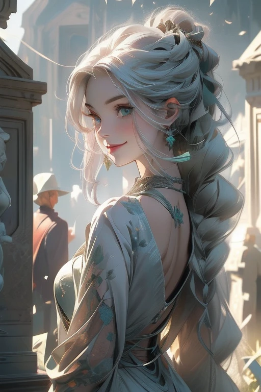 Perfect face. Perfect hands. A young silver haired woman with green eyes and an hourglass figure is smiling while exploring a cemetery