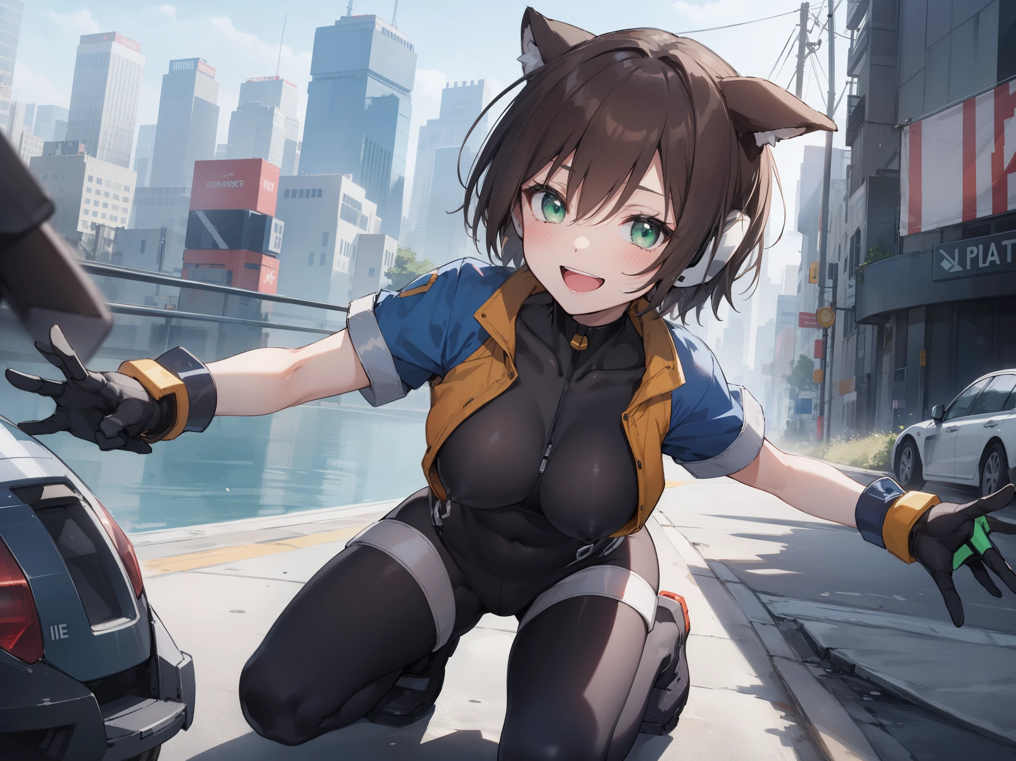 aile_megamanzx, kneeling with one hand on the ground and the other arm raised, 1girl, solo, short hair, brown hair, short sleeves, (bodysuit), robot ears, green eyes, short_shorts, short sleeves, short over long sleeves, smile, in futuristic_city_landscape, , high quality, medium_breasts,crotch, slouch,(covered_nipples:0.6), laugh,smile,open_mouth