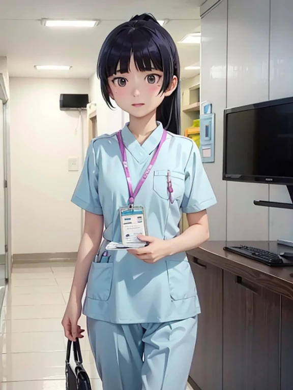 girl, alone, (ruri gokou), ponytail, Medical scrub、Light Blue Club、Female nurse、Hold in hand、Short sleeve、Long trousers, (ID card)、strap、Hospital corridor、Warm lighting、sense of cleanliness