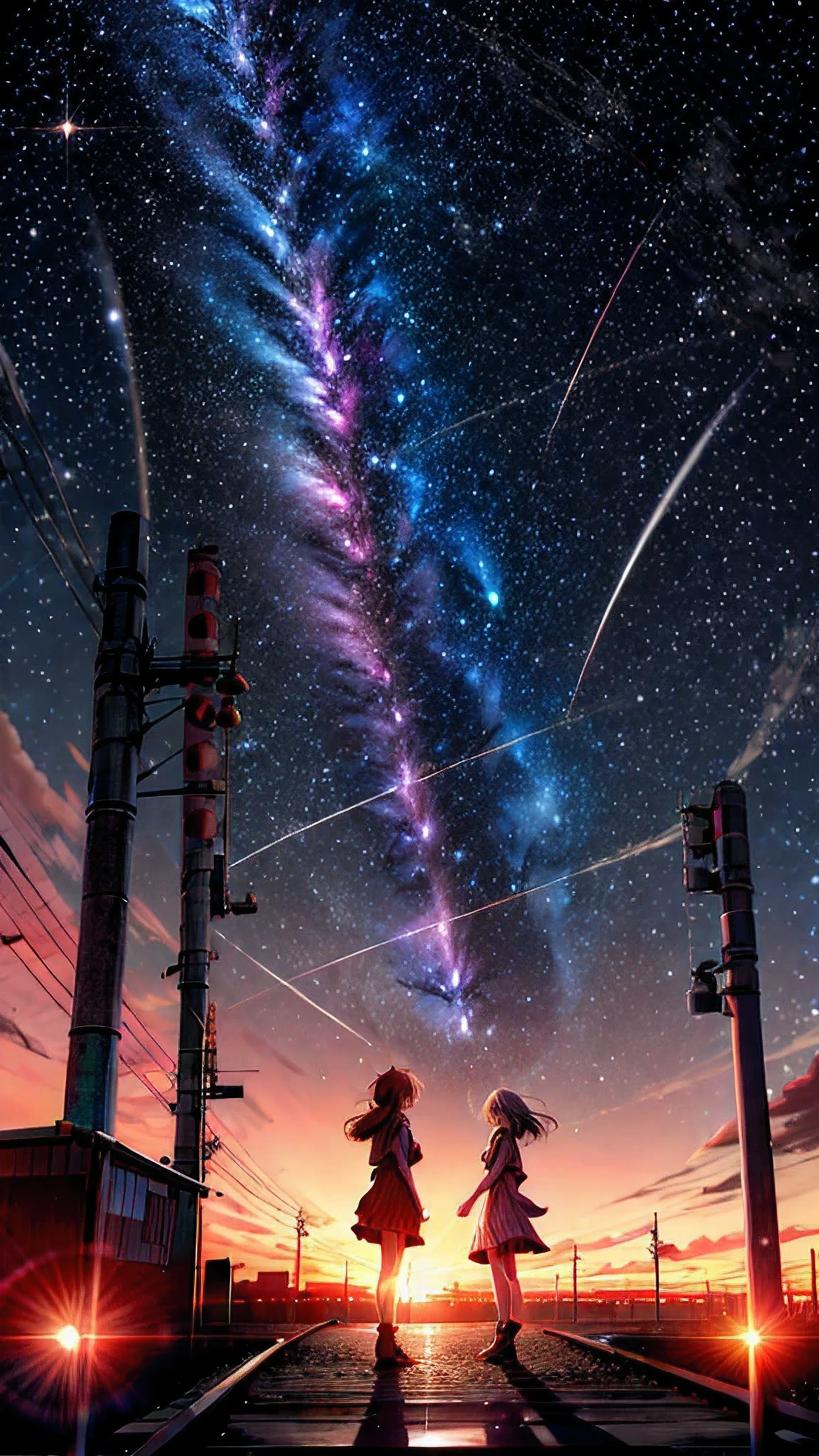 Two people, Train Tracks, Space Sky, Milky Way, Anime Style, Light Post, Small Town