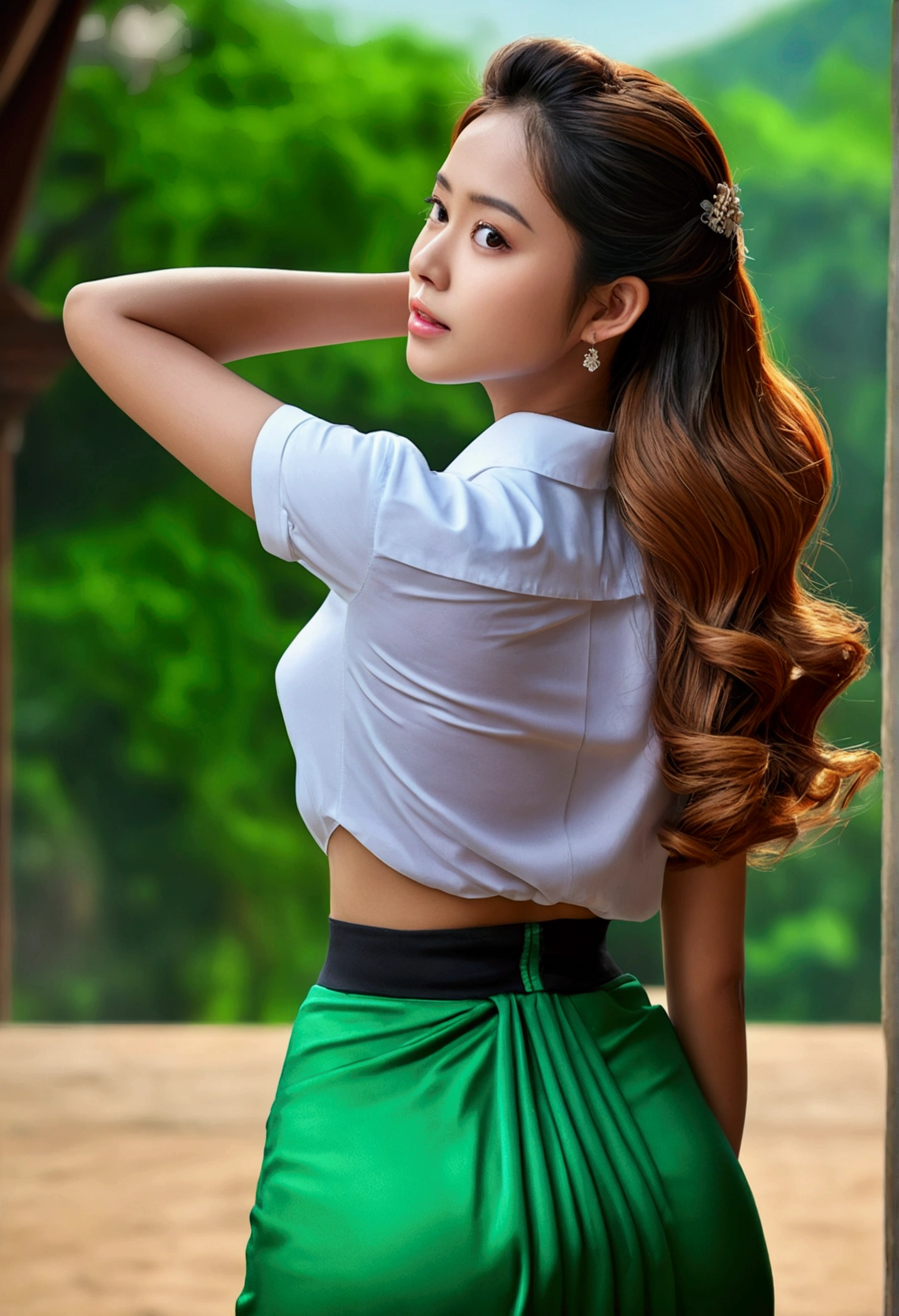 (best quality, 4k, 8k, high-res, masterpiece:1.2), ultra-detailed, (realistic, photorealistic, photo-realistic:1.37), (beautiful detailed, extremely detailed), perfect lighting, vivid colors, ( shiny hair, shiny skin), back shot, from below, standing and looking at the viewer, outdoor background, Burmese girl, tight green long skirt, Myanmar ,white long hand shirt,emphasize round ass, protruding round ass ,