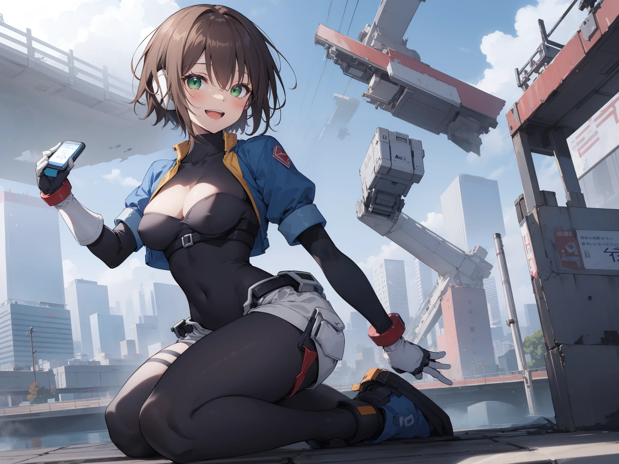 aile_megamanzx, kneeling with one hand on the ground and the other arm raised, 1girl, solo, short hair, brown hair, short sleeves, (bodysuit), robot ears, green eyes, short_shorts, short sleeves, short over long sleeves, smile, in futuristic_city_landscape, , high quality, medium_breasts,crotch, slouch,(covered_nipples:0.6), laugh,smile,open_mouth