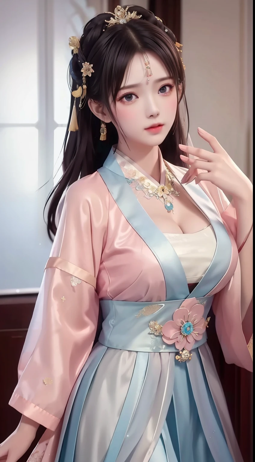 best quality, masterpiece, highres, 1girl,china dress,hair ornament,necklace, jewelry,Beautiful face,upon_body, tyndall effect,photorealistic, dark studio, rim lighting, two tone lighting,(high detailed skin:1.2), 8k uhd, dslr, soft lighting, high quality, volumetric lighting, candid, Photograph, high resolution, 4k, 8k, Bokeh, Wet-breasted Hanfu open V-chested clothes, All pictures, Wet body of thin silk fabric, Thin silk lace petticoat,princess 10 yeald old cute, (huge ，cleavage),petticoat, white pink, blue ，best qualtiy，tmasterpiece，Ultra-high resolution，（Reality：1.4），RAW photogr，（True skin texture：1.3），（filmgrain：1.3），（Selfie angle），1个Giant Breast Girl，Beautiful eye and face details，tmasterpiece，Best quality at best，exposing thighs，Bigchest，The chest is more exposed, pattern on fabric