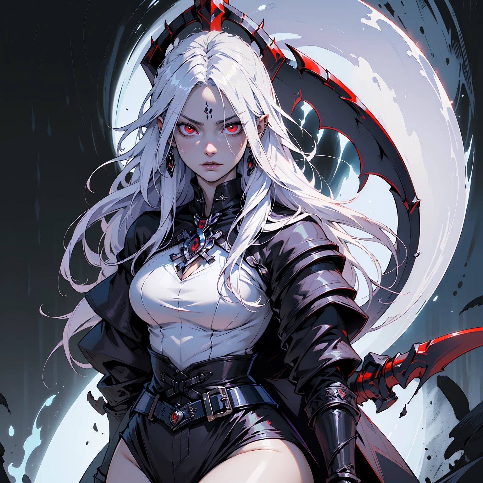 (((masterpiece, best quality, ultra detailed, 8k))) character design sheet of a female character wearing a demonic armor in purple, black, and white. She wields a large, stylized scythe matching the armor. The character has long white hair, piercing red eyes, and a menacing expression. The scene is set in a chaotic environment. Full body front view, with additional close-up views of armor details, weapon, and facial features. (demonic armor:1.3), (stylized scythe:1.3), (extremely detailed:1.5), (long white hair:1.2), (piercing red eyes:1.2), (chaotic environment:1.1). {Detailed background elements and character features are emphasized}.
