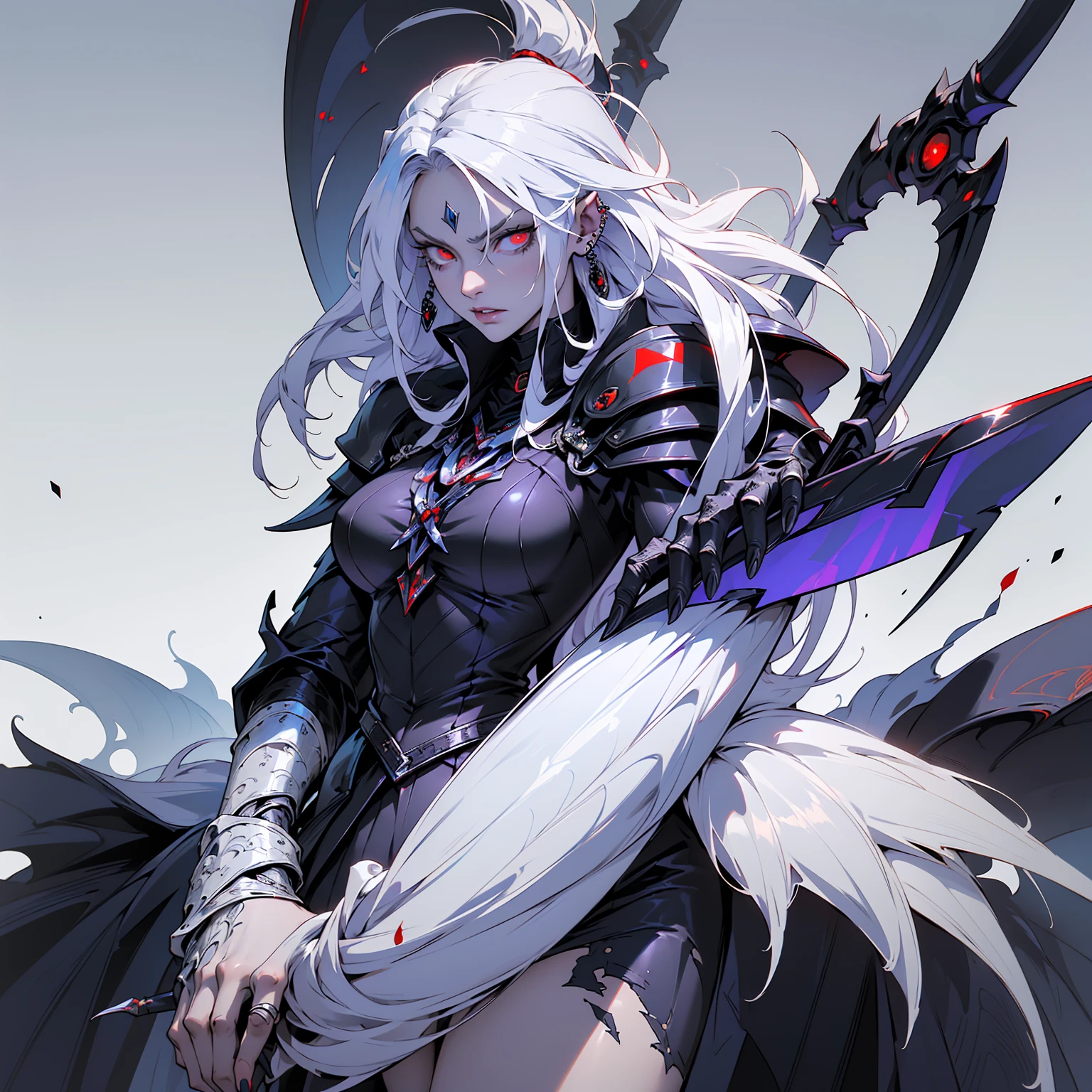 (((masterpiece, best quality, ultra detailed, 8k))) character design sheet of a female character wearing a demonic armor in purple, black, and white. She wields a large, stylized scythe matching the armor. The character has long white hair, piercing red eyes, and a menacing expression. The scene is set in a chaotic environment. Full body front view, with additional close-up views of armor details, weapon, and facial features. (demonic armor:1.3), (stylized scythe:1.3), (extremely detailed:1.5), (long white hair:1.2), (piercing red eyes:1.2), (chaotic environment:1.1). {Detailed background elements and character features are emphasized}.
