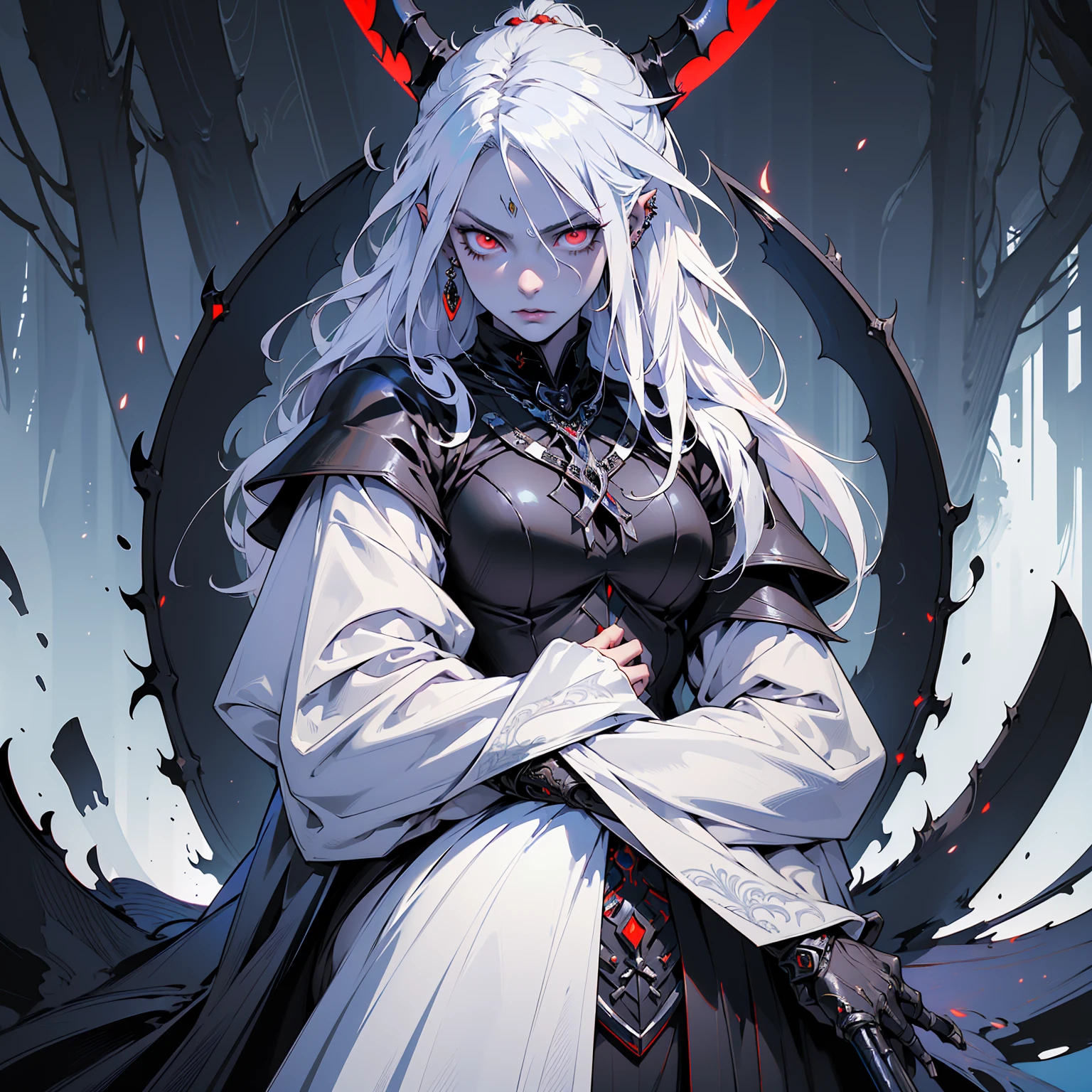 (((masterpiece, best quality, ultra detailed, 8k))) character design sheet of a female character wearing a demonic armor in purple, black, and white. She wields a large, stylized scythe matching the armor. The character has long white hair, piercing red eyes, and a menacing expression. The scene is set in a chaotic environment. Full body front view, with additional close-up views of armor details, weapon, and facial features. (demonic armor:1.3), (stylized scythe:1.3), (extremely detailed:1.5), (long white hair:1.2), (piercing red eyes:1.2), (chaotic environment:1.1). {Detailed background elements and character features are emphasized}.
