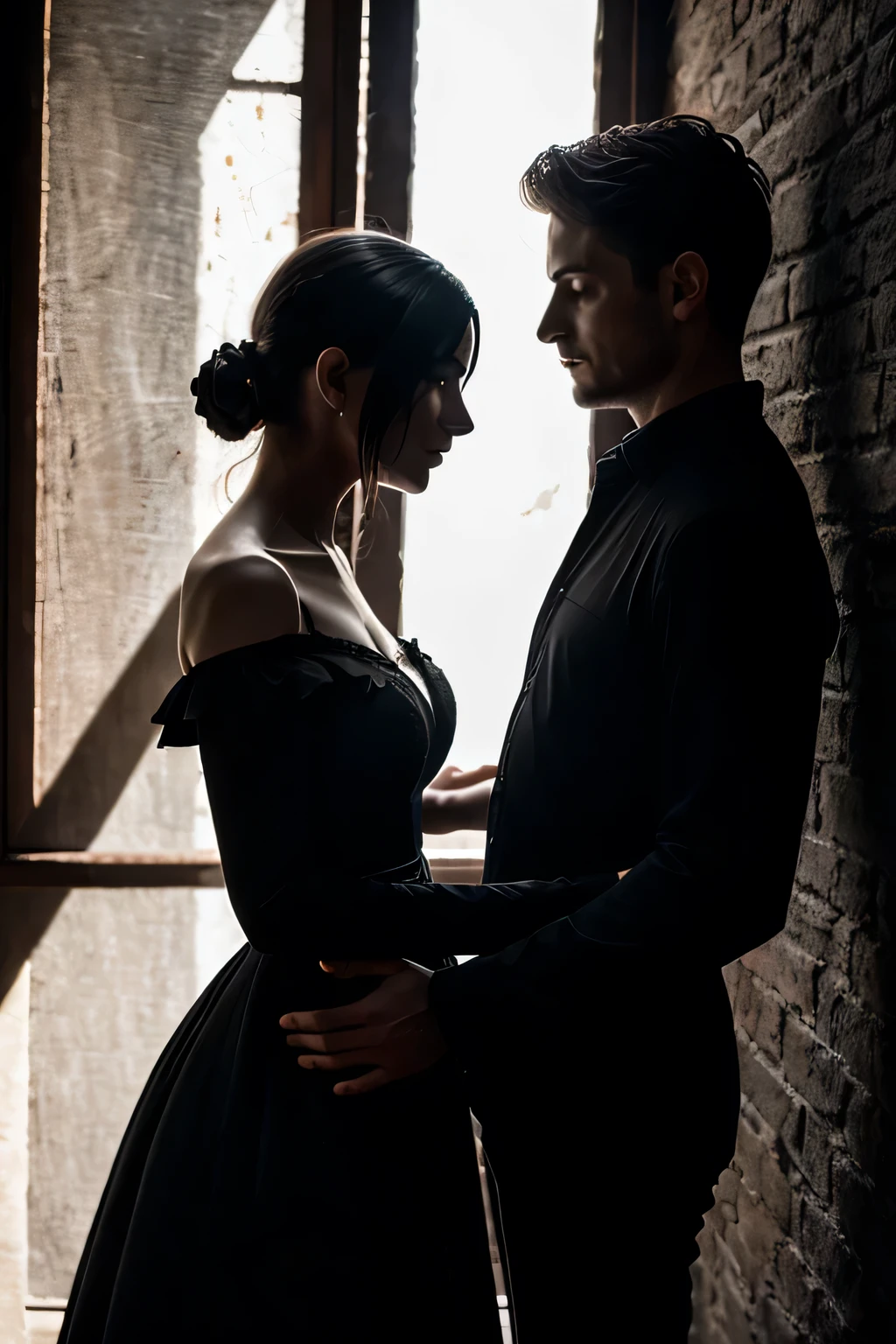 Man and woman in an intimate moment, wearing dark clothes. 4K resolution captures every detail, from the texture of the dress's fabric to the delicate play of shadows and light on the skin. vivid, emotionally charged moment."