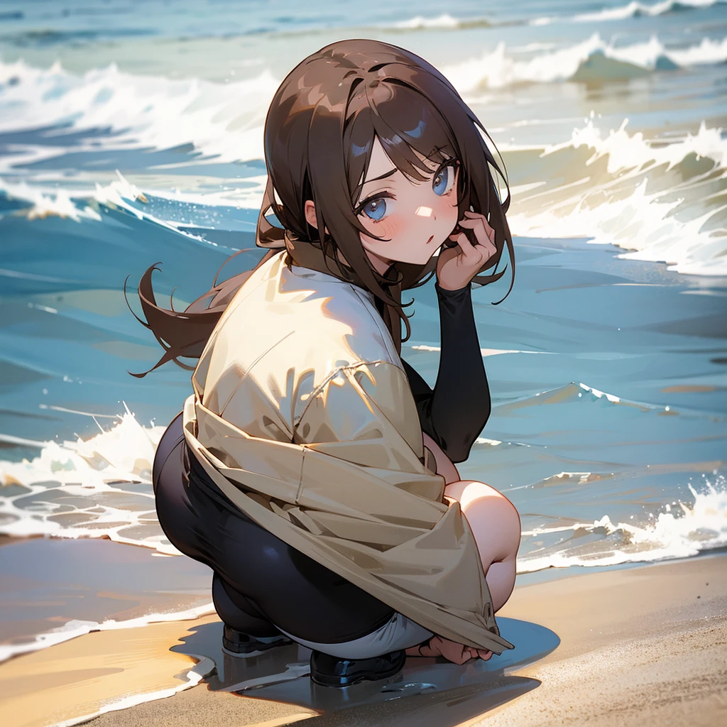 Anime girl big buttocks on the beach crouching