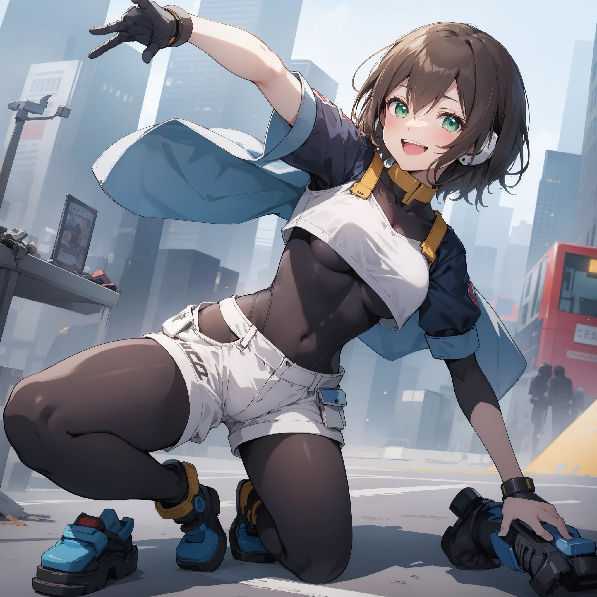 aile_megamanzx, kneeling with one hand on the ground and the other arm raised, 1girl, solo, short hair, brown hair, short sleeves, (bodysuit), robot ears, green eyes, short_shorts, short sleeves, short over long sleeves, smile, in futuristic_city_landscape, , high quality, medium_breasts,crotch, slouch,(covered_nipples:0.6), laugh,smile,open_mouth