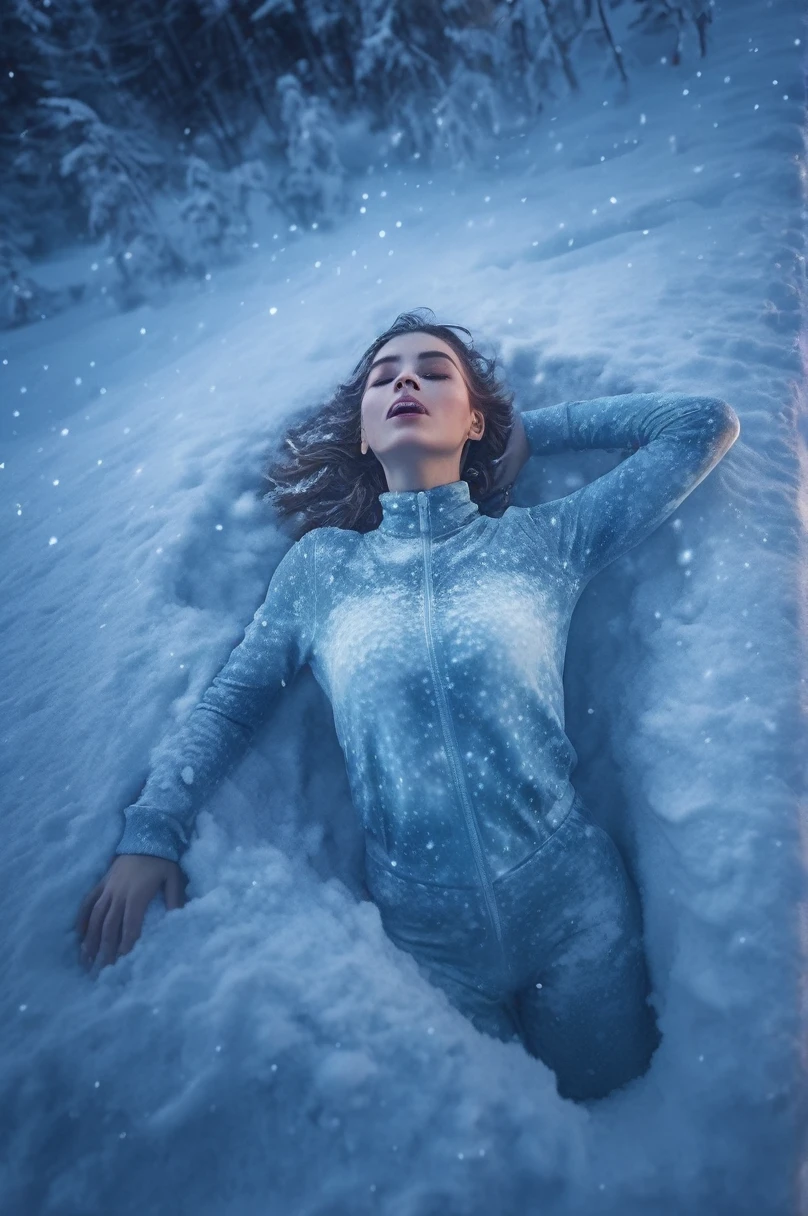 a beautiful woman lies on her back, (melting into the snow:1.9), (shrouded in mist:1.9), wearing a colorful full body suit,
full body view, overhead view, night, aurora,
realistic photo,