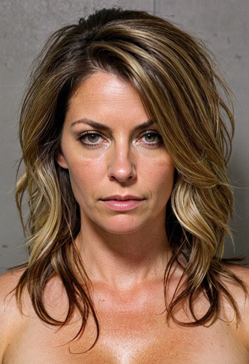 (1 women),D-cups , (realistic, photo-realistic) ?????, milf, A 26-year-old police woman with her hair down, mugshot
