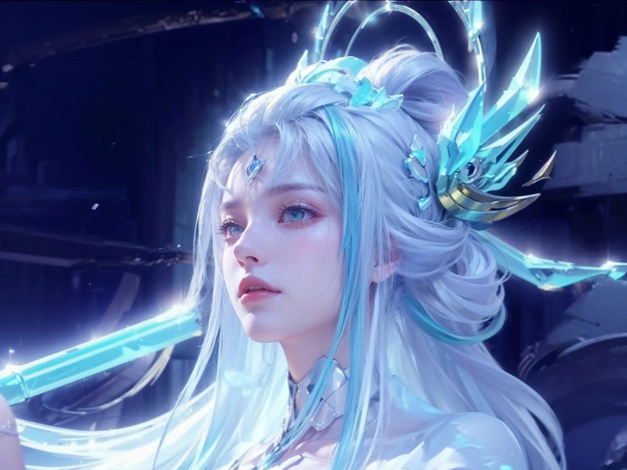 close up shot, cinematic shot, 

a beautiful fox mecha girl, twin tail, cool, elegant, pink hair, blue mecha halo, green eyes, white mecha wings, detailed blue mecha suit, detailed mecha body, detailed accessories, hyper detailed mechanical industrial room background, suggestive pose,

((very strong light on face, cinematic lighting, volumetric lighting, iridescent lighting reflection, reflection, beautiful shading, head light, back light, natural light, ray tracing, symmetrical, ray tracing, post-processing, global illumination)),

hyper realistic, photo realistic, ultra-HD, 64k, HDR, masterpiece, professional artwork, professional character design