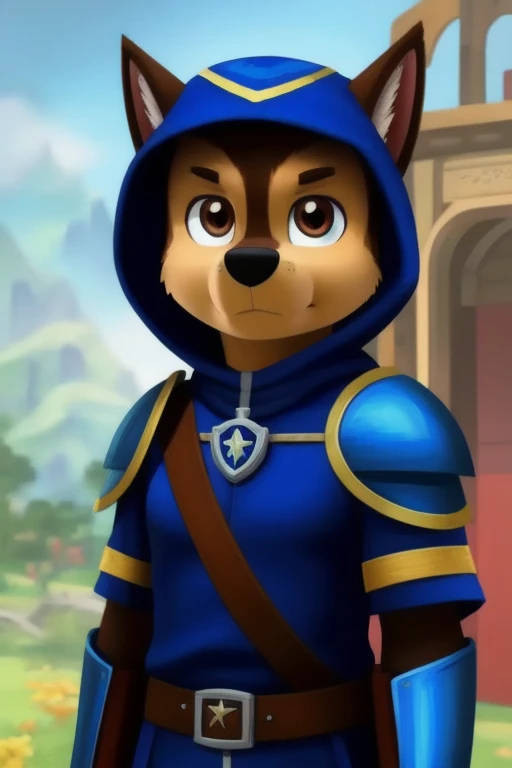 detailed fluffy fur texture, impasto impressionism, detailed eyes, highly detailed pupils, solo, furry, anthro, chase-pp, male, brown eyes, brown fur, light brown body, fur body, fully clothed, wide hips, inner fluff ears, front view, grumpy expression, blue fantasy ranger outfit, armor, dungeons and dragons, hood, crossbow in right hand, anime style, masterpiece, beautiful